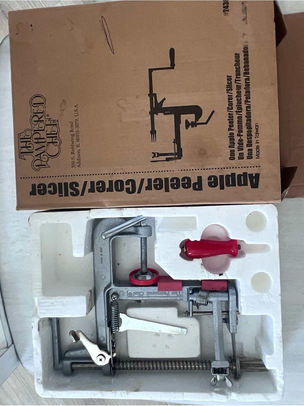 The Pampered Chef Apple Peeler Corer Slicer - Silver with Red Parts